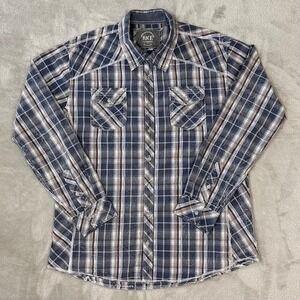 BKE Men's XL‎ Athletic Fit Plaid Button-Up Shirt Blue Brown Western Cowboy